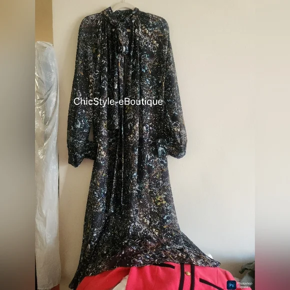 H&M Studio Collection SS 2025 patterned chiffon dress Maxi  Black/jewelry  Bnwt - Picture 3 of 11